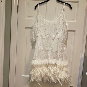 White Sequin and Feather Fringe Dress